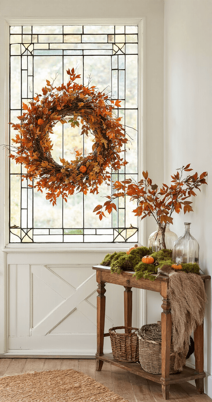 Zelf Herfstdecoraties Maken: Een Praktische Gids voor Warme en Gezellige Sferen Ruime Nederlandse hal met herfstkrans aan voordeur, gemaakt van takken, mos, oranje pompoentjes en kunstbladeren; houten vloer en vintage loper; console tafel met glazen vazen vol herfstbladeren; kleurrijke patronen van natuurlijk licht door glas-in-lood raam.