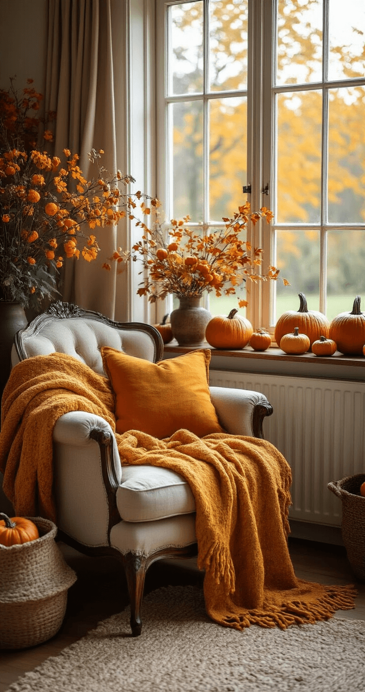 Zelf Herfstdecoraties Maken: Een Praktische Gids voor Warme en Gezellige Sferen Een knusse leeshoek bij een vensterbank, versierd met herfstdecoraties. Een vintage fauteuil met een okergele plaid staat naast een bijzettafel met koperen waxinelichthouders en glazen vazen. De vensterbank is gevuld met pompoenen, dennenappels en herfstbladeren. Zachte texturen en een warm kleurenpalet zijn zichtbaar in het gouden uurtje licht.