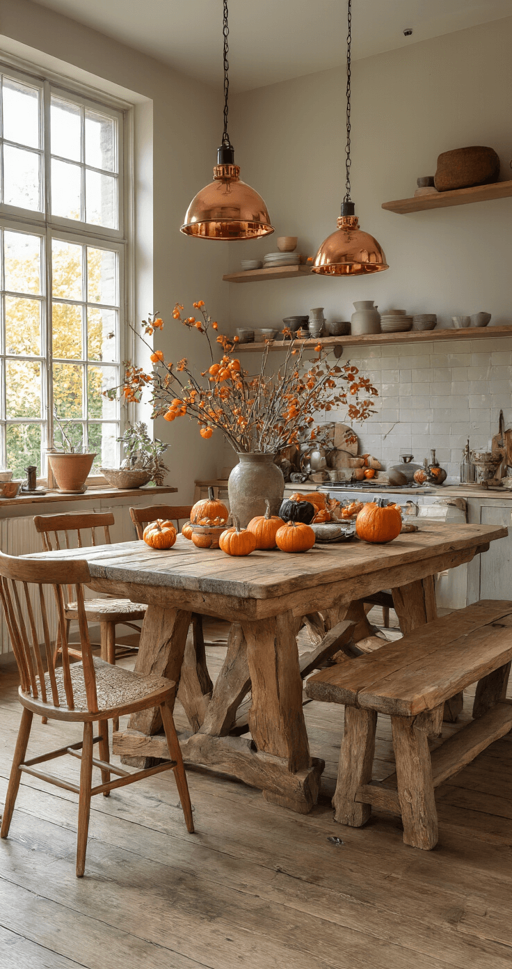 Zelf Herfstdecoraties Maken: Een Praktische Gids voor Warme en Gezellige Sferen Landelijke keukeneiland met een herfst tafelstuk als centerpiece, bestaande uit pompoenen, berkenschors takken en glazen kaarsenhouders, onder een koperen pendantlamp. Het geheel is gemaakt van natuurlijke materialen in warme kleuren.