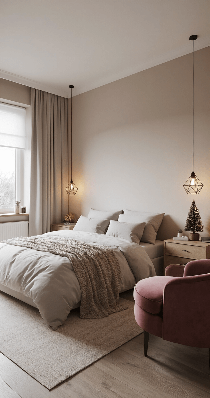 Moderne Kerst Decoratie: Je Interieur Transformeren met Minimalistische Elegantie Slaapkamer met en-suite badkamer bij schemering, met een kingsize bed dat is opgemaakt met krijtwit linnen en grijze wollen dekens. Licht eiken nachtkastjes met geometrische LED-lantaarns flonken. Een kleine kunstkerstboom van 1 meter met warme witte lichtjes staat prominent in de kamer. Een oudroze velvet fauteuil complementeert de stijl. De foto is vanuit de deuropening genomen, met warm ambient licht van de bedlampen.