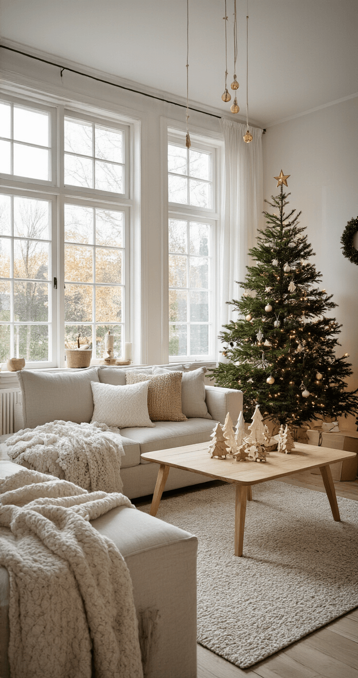 Houten Kerst Knutselen: Creëer Magische Kerstdecoraties met Hout Gezellige woonkamer met Scandinavische inrichting in de ochtend, met zachte natuurlijke lichtinval, een witte houten kerstboomdecoratie voor het raam, en een lichte eiken salontafel met zelfgemaakte houten kerstornamenten. Warme witte LED-lichtjes zijn subtiel verweven tussen dennentakken op de vensterbank.