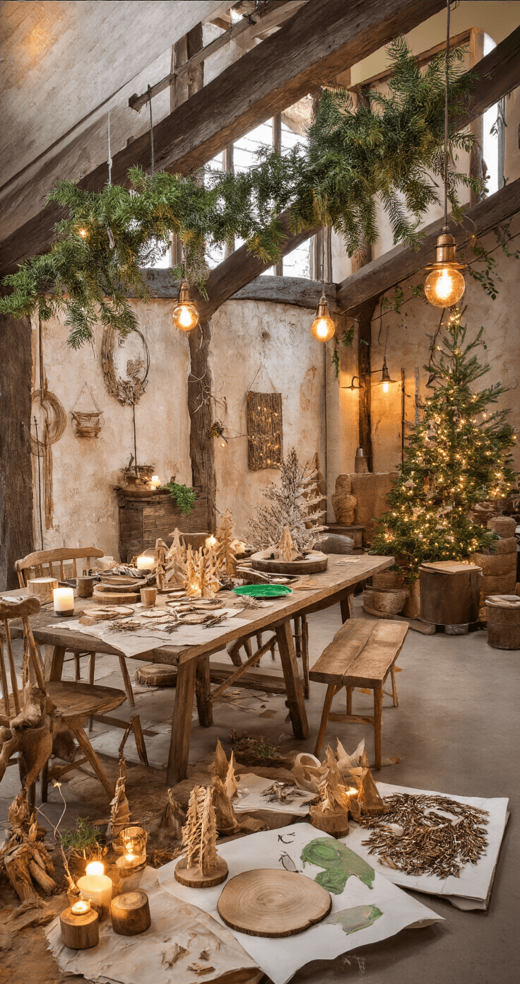 Houten Kerst Knutselen: Creëer Magische Kerstdecoraties met Hout Een rustieke eetkamer met donkere houten balken en warme verlichting, gevuld met knutselmaterialen op een grenen tafel. Half voltooide houten kerstdecoraties en acrylverf in groene en gouden tinten zorgen voor een creatieve sfeer. Koperen hanglampen stralen warm licht uit, terwijl texturen van ruw hout en glimmende verf te zien zijn.
