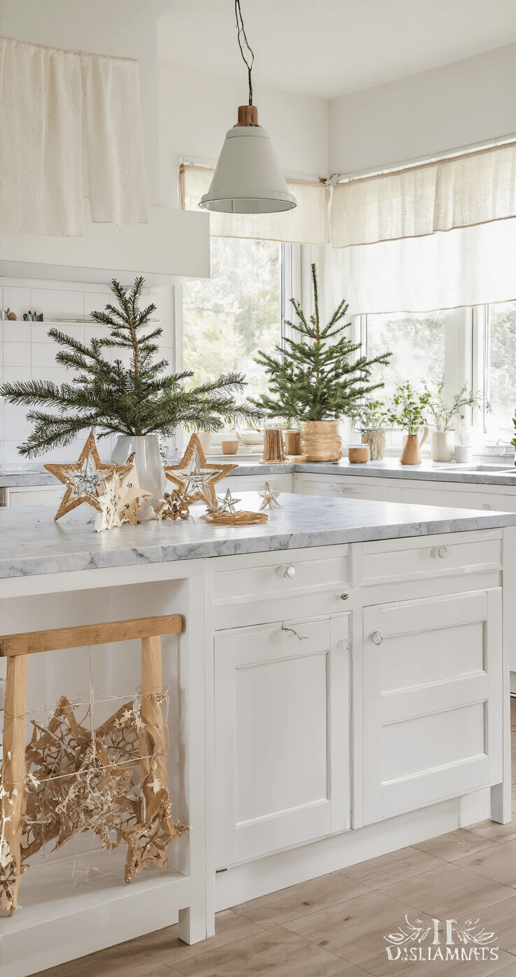 Houten Kerst Knutselen: Creëer Magische Kerstdecoraties met Hout Lichte keuken met witte kasten en marmeren werkbladen, een kookeiland met houten dienblad vol kerstcreaties zoals houten engelen en sterren in wit en goud, versierd met glitters. Verse dennentakjes in glazen vazen vullen de ruimte. Zonlicht valt door kaasdoek gordijnen en zorgt voor een sfeervolle, kerstachtige uitstraling met natuurlijke materialen zoals hout, linnen en keramiek.