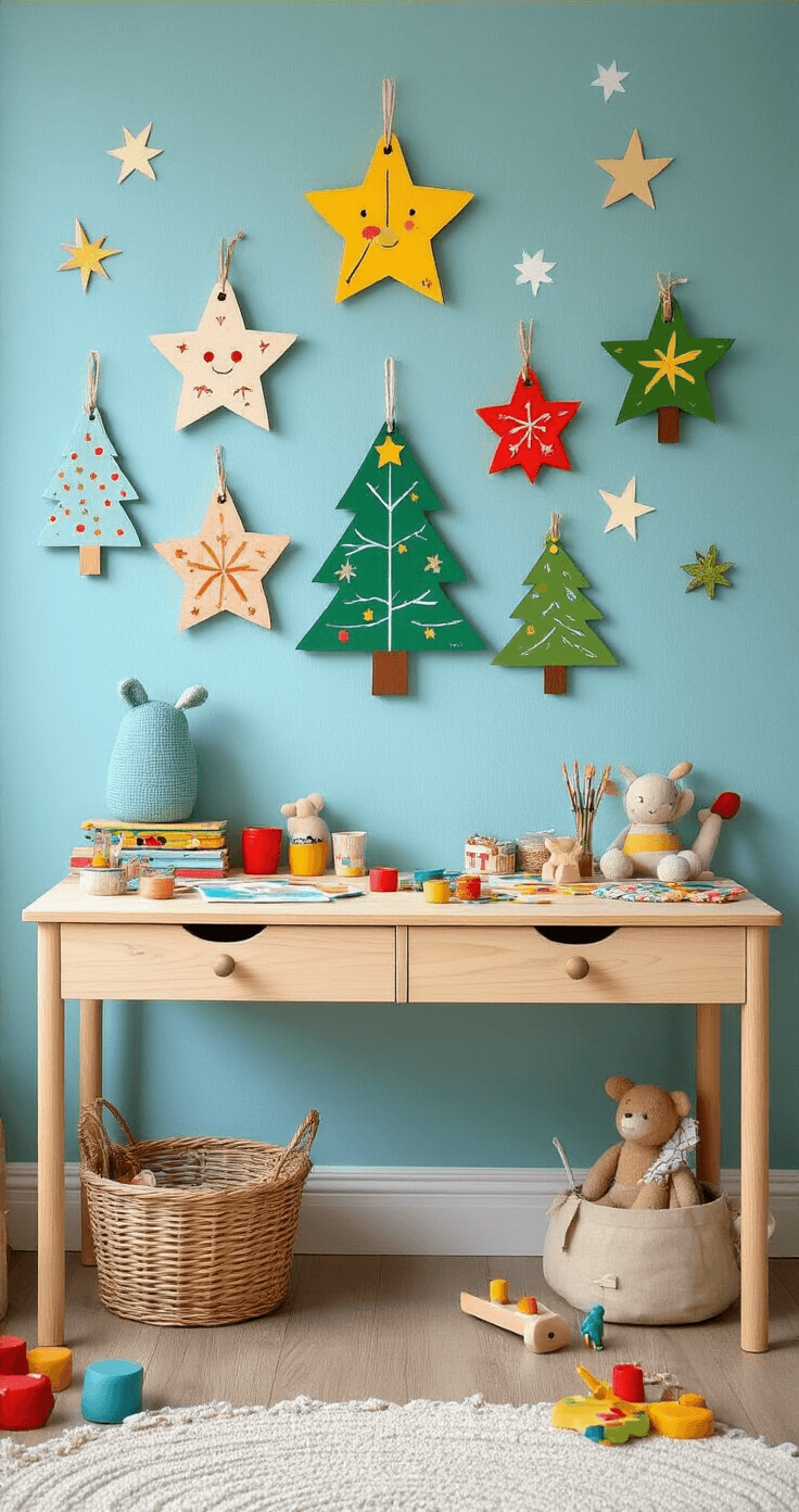 Houten Kerst Knutselen: Creëer Magische Kerstdecoraties met Hout Een kinderkamer in pastelblauw met kleurrijke houten kerstdecoraties, vrolijk beschilderde vormen zoals kerstbomen en sterren. Een klein bureau toont verf en penselen, omringd door zachte speelgoed en boeken. De sfeer is speels en gezellig in de namiddaglicht.