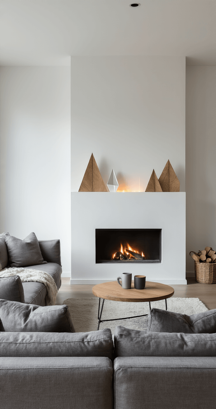 Houten Kerst Knutselen: Creëer Magische Kerstdecoraties met Hout Moderne woonkamer bij schemering met minimalistische inrichting, witte open haard geflankeerd door geometrische houten kerstdecoraties, grijze linnen banken, LED-verlichting die subtiele silhouetten werpt, beton- en staalaccenten.