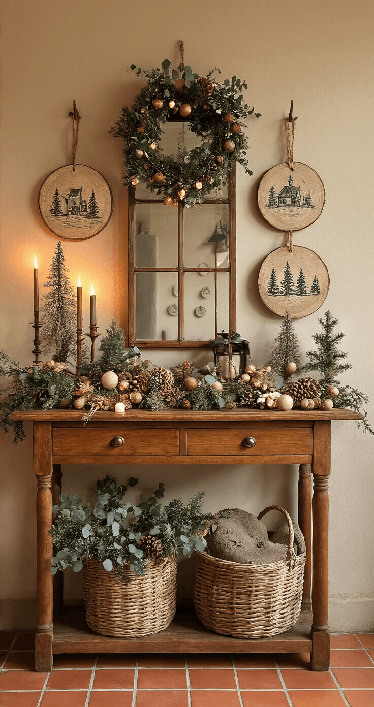 Houten Kerst Knutselen: Creëer Magische Kerstdecoraties met Hout Landelijke hal met houten lambrisering en terracotta vloertegels, antieke console met zelfgemaakte kerstdecoraties, warme koperen accenten en gedroogde eucalyptus, vintage spiegel reflecteert kaarslicht, warme avondverlichting.