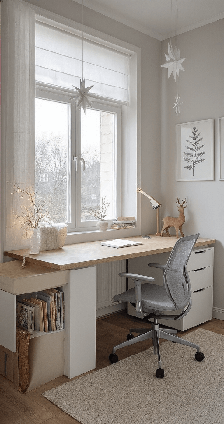 Moderne Kerst Decoratie: Je Interieur Transformeren met Minimalistische Elegantie Thuiskantoor van 3x4m met ingebouwde boekenkasten, een wit bureau met eiken blad en een ergonomische stoel in grijs mesh. Minimalistische kerstdecoratie met witte papieren sterren voor het raam en een houten rendier op het bureau. Botanische prints aan de muur, verlicht door zacht strijklicht dat door het raam valt.