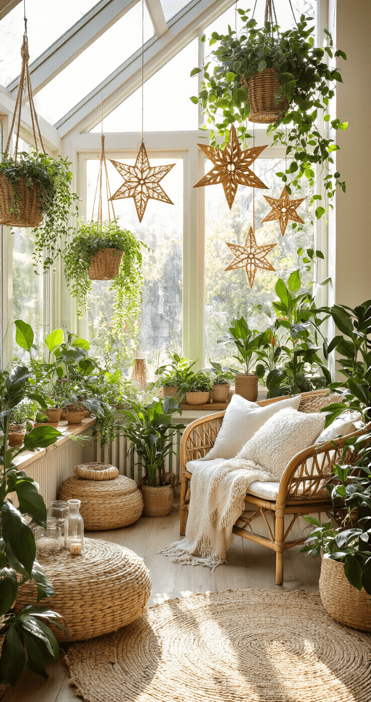 Houten Kerst Knutselen: Creëer Magische Kerstdecoraties met Hout Een zonnige serre met hangende planten, houten kerstdecoraties, rieten meubels en linnen kussens, vol natuurlijk licht en een botanische kerstsfeer.