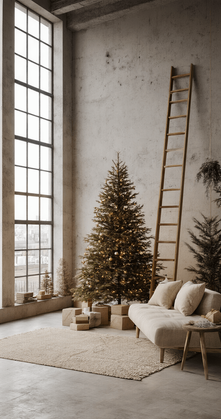 Creatieve Alternatieve Kerstboom: Een Moderne Decor Revolutie Moderne woonkamer in loft-stijl met hoge plafonds en betonnen wanden, verlicht door gouden ochtendlicht. Een witte houten ladder met kerstversieringen staat tegen een antracietgrijze muur. Scandinavisch interieur met beige linnen bank, jute kleed en donkerhouten salontafel. Neutrale kleuren en warme sfeer.