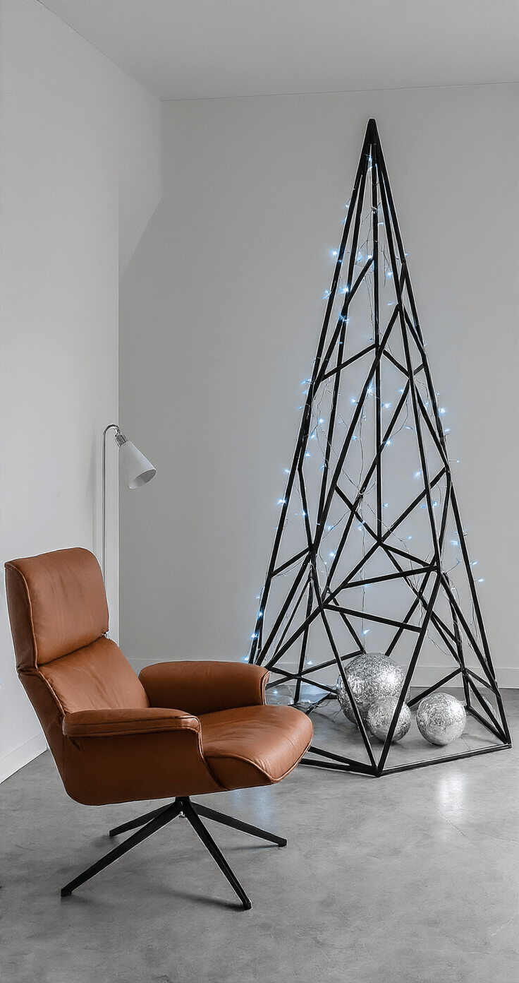 Creatieve Alternatieve Kerstboom: Een Moderne Decor Revolutie Moderne woonkamer met geometrische metalen kerstboom als centerpiece, grijze betonvloer, witte wanden en avondlicht dat dramatische schaduwen werpt. Zwarte triangulaire kerstboom naast cognac leren fauteuil, zilverkleurige LED-strips en minimalistische kerstballen. Glazen salontafel en strakke witte boekenkast compleet met abstract kunstwerk in een futuristische sfeer.