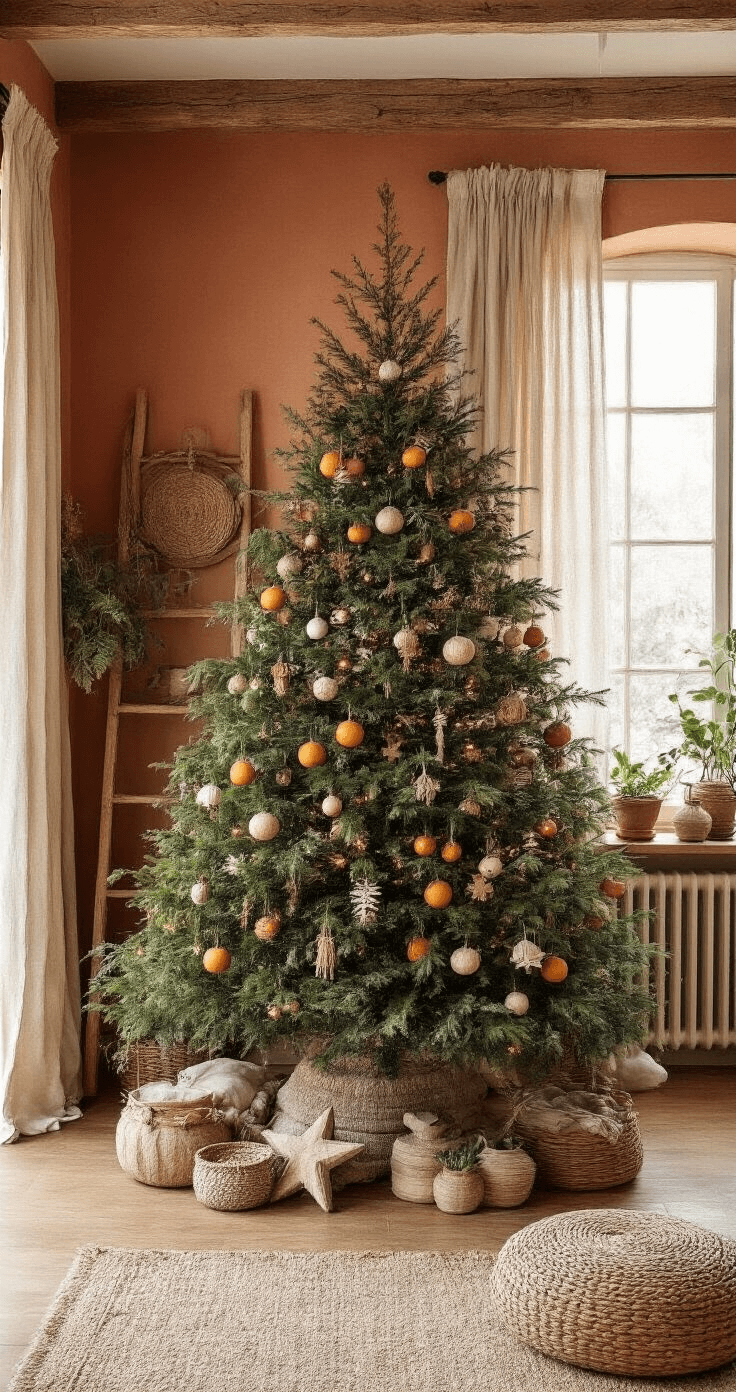Creatieve Alternatieve Kerstboom: Een Moderne Decor Revolutie Bohemian woonkamer met een botanische kerstboom van hangplanten, houten balkenplafond, terracotta muren, vintage gordijnen en een groot houten ladder-rek vol met potplanten. Warm licht en kerstversiering van natuurlijke materialen in een knusse sfeer.