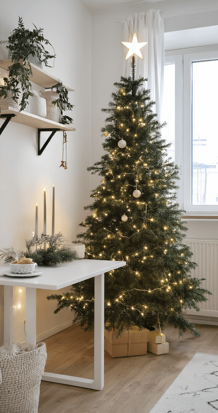 Creatieve Alternatieve Kerstboom: Een Moderne Decor Revolutie Klein studio-appartement met wandgemonteerde kerstboom van LED-lichtjes, laminaatvloer en functionele meubels in Scandinavisch design, sfeervol verlicht in de schemering.