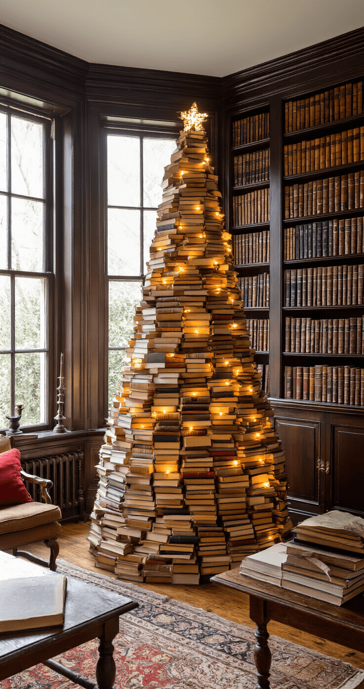 Creatieve Alternatieve Kerstboom: Een Moderne Decor Revolutie Traditionele studeerkamer met een boekenboom als kerstboom, donkere houten lambrisering, hoge boekenkasten en warme verlichting.