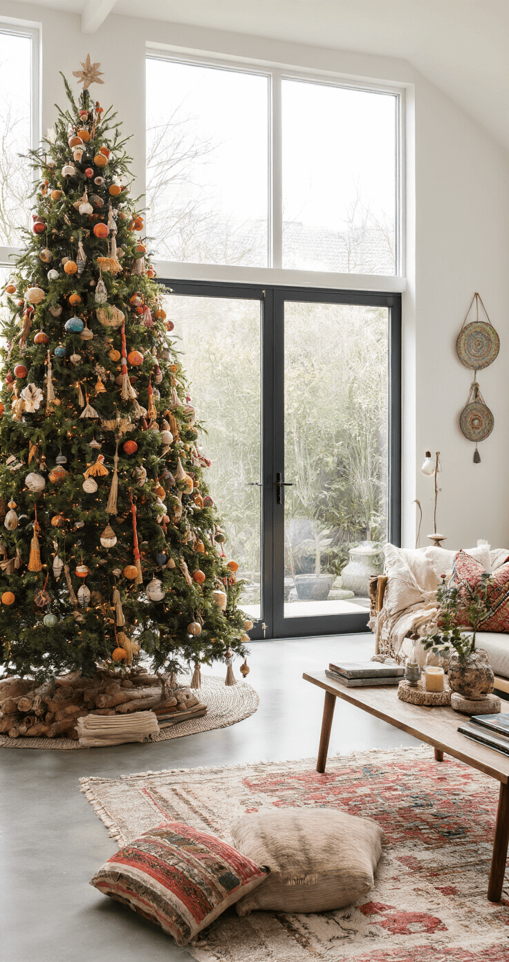 Creatieve Alternatieve Kerstboom: Een Moderne Decor Revolutie Open concept moderne woonkamer met kleurrijke bohemian kerstboom, drijfhout frame en eclectische decoraties. Ruimte met polished concrete vloeren, hoge glazen schuifdeuren en heldere ochtendzon die levendige lichtspots creëert. Mix van globale textielen en warme kleuren.