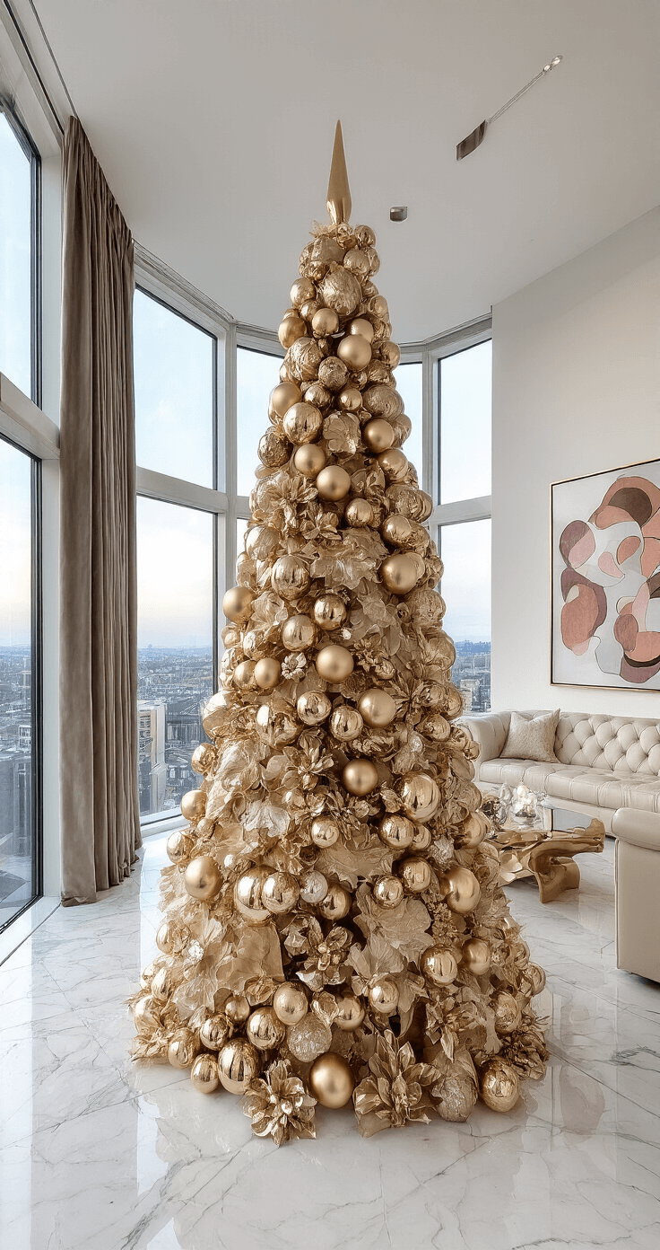 Creatieve Alternatieve Kerstboom: Een Moderne Decor Revolutie Luxe penthouse woonkamer met metallic kerstboom, marmeren vloeren, designer meubels en dramatiche avondverlichting, in een exclusieve kleurenpalet van champagne, taupe en diep marineblauw.