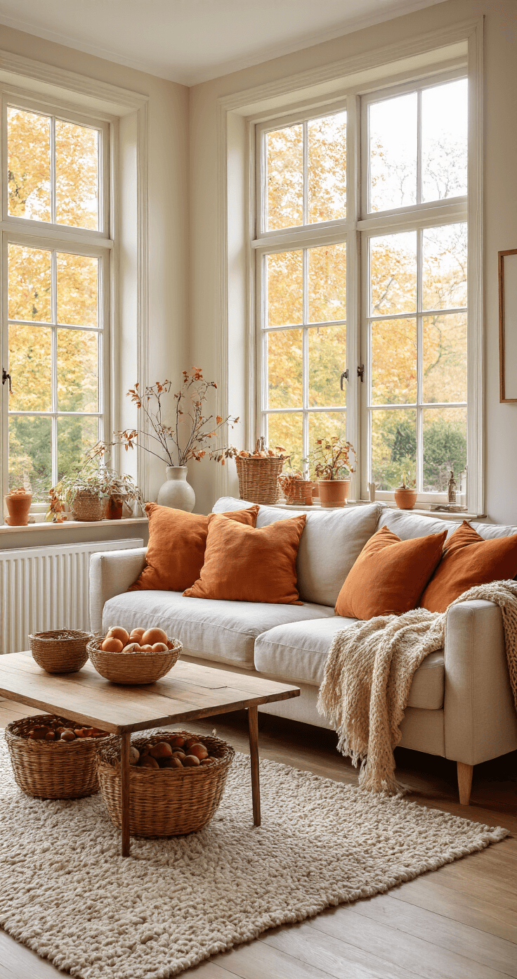 Herfstpret met Peuters: Leuke en Leerzame Activiteiten voor Kleine Ontdekkingsreizigers Gezellige Nederlandse woonkamer in herfststijl met natuurlijke verlichting, zachte beige bank en herfstdecoraties, zoals kleurrijke bladeren en dennenappels, op een eiken parketvloer.