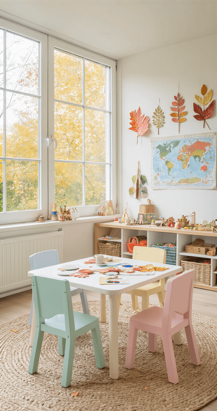 Herfstpret met Peuters: Leuke en Leerzame Activiteiten voor Kleine Ontdekkingsreizigers Een lichte kinderspeelkamer met grote ramen die herfstlicht binnenlaten, een witte speeltafel vol knutselspullen, pastelkleuren stoeltjes, zelfgemaakte kunstwerken aan de muur, houten speelgoed op planken en een zacht speelkleed op de vloer, belicht door warme ochtendzon.