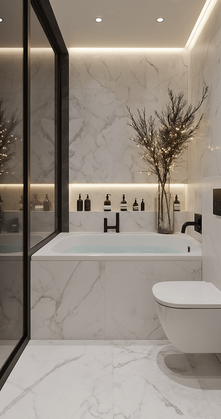 Moderne Kerst Decoratie: Je Interieur Transformeren met Minimalistische Elegantie Moderne badkamer met vrijstaand bad in een avondscène, matzwarte kranen en accessoires tegen witte marmerlook tegels. Kerstsfeer met dennentakken in een hoge glazen vaas en LED-theelichtjes. Grote spiegelwand met indirecte verlichting, frontaal perspectief op het bad.