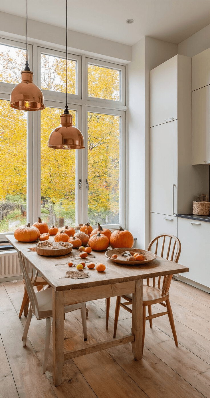 Herfstpret met Peuters: Leuke en Leerzame Activiteiten voor Kleine Ontdekkingsreizigers Moderne keuken-eetkamer met een grote houten eettafel vol herfstdecoraties, waaronder pompoenen en knutselbenodigdheden. Witte keukenkastjes en warme houten vloer, met koperkleurige hanglampen en uitzicht op herfstbomen. Glazen potten met natuurlijke schatten op het aanrecht en oranje en gele accenten.