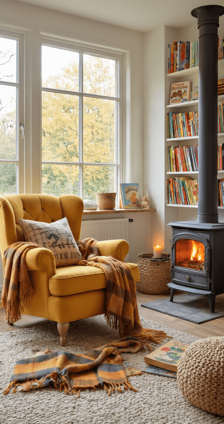 Herfstpret met Peuters: Leuke en Leerzame Activiteiten voor Kleine Ontdekkingsreizigers Een knusse leeshoek in de woonkamer met een mosterdgele fauteuil naast een houtkachel, een dikke wollen plaid met herfstmotieven op de vloer, kinderboeken en een warme chocolademelk op een lage bijzettafel, kleurrijke prentenboeken op de boekenplanken, zachte kussens in aardse tinten, en kaarslicht dat danst op de muren terwijl het buiten regent.