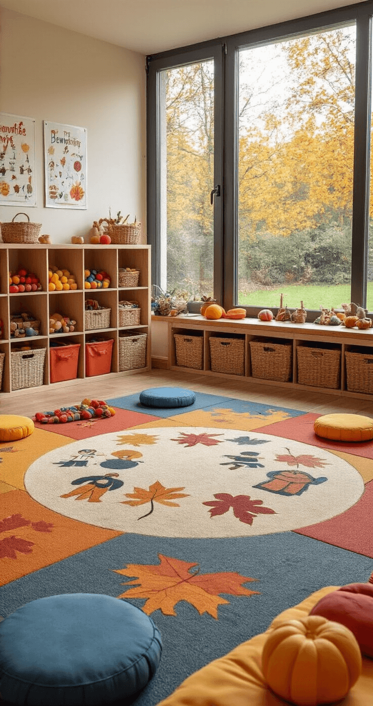 Herfstpret met Peuters: Leuke en Leerzame Activiteiten voor Kleine Ontdekkingsreizigers Een kleurrijke speelkamer met een groot tapijt voor bewegingsspellen, omringd door gymmatjes en zachte kussens. Instructieposters voor herfstspelletjes sieren de muren. Opbergkisten bevatten herfstthema spelmaterialen, terwijl grote ramen uitzicht bieden op een tuin vol gevallen bladeren. De ruimte straalt energie en speelplezier uit.