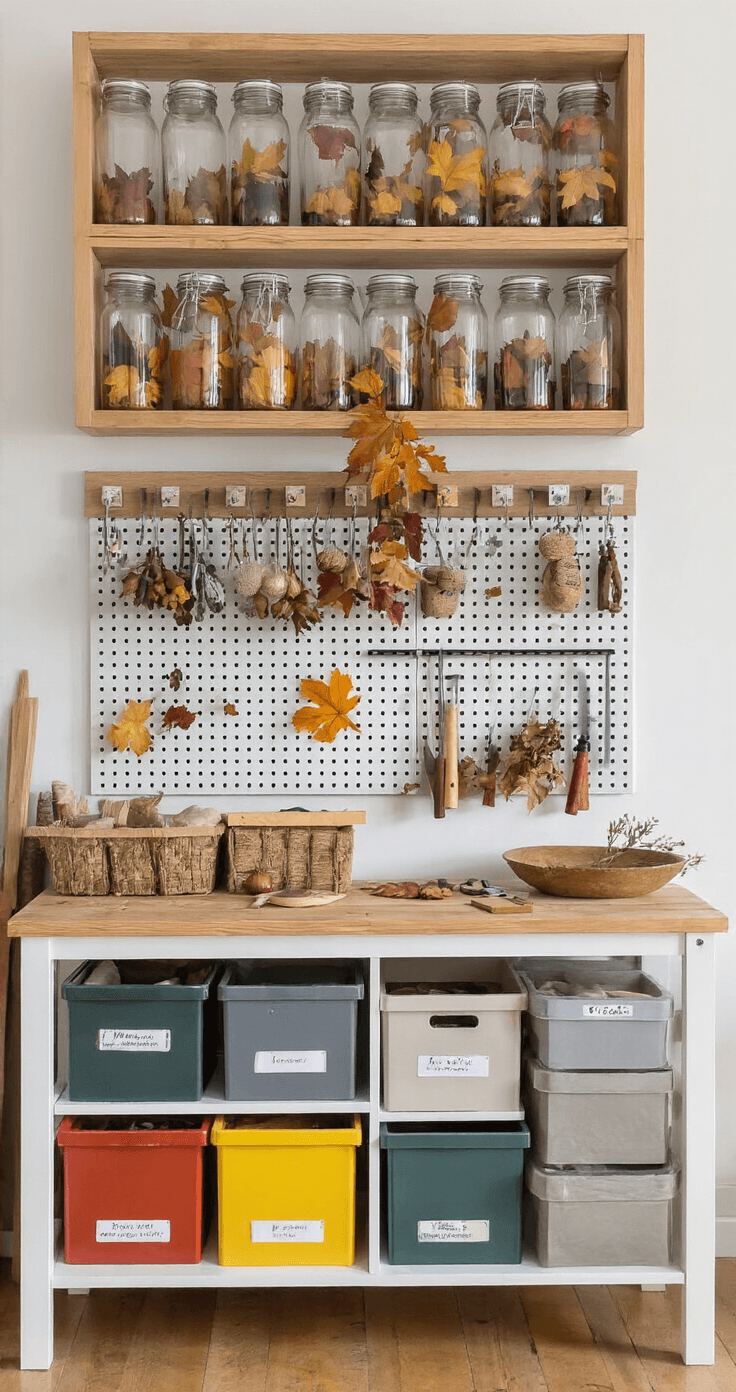 Herfstpret met Peuters: Leuke en Leerzame Activiteiten voor Kleine Ontdekkingsreizigers Organiseerde bergruimte-werkplaats met herfstmaterialen, glazen potten vol bladeren, kastanjes en dennenappels, centrale werktafel met heldere verlichting, kleurrijke opbergdozen en labels, tools voor natuurknutselen aan pegboard, neutrale kleuren met vrolijke natuurmaterialen.