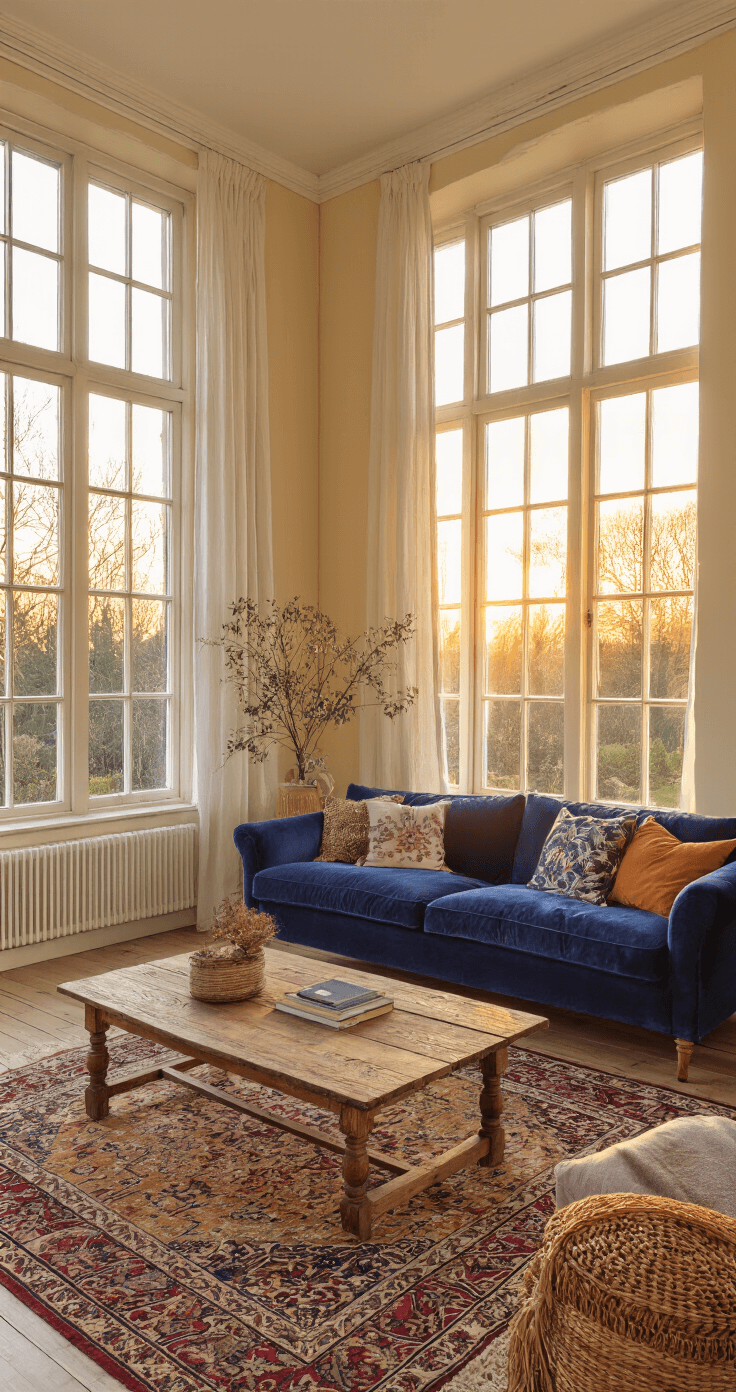 Ruime Nederlandse woonkamer met hoge plafonds en grote ramen, warm gouden uurlicht, marineblauwe fluwelen bank, vintage Perzisch tapijt, massief eiken salontafel, rieten manden, gedroogde pampas, koperen accenten, sfeervolle gezelligheid.