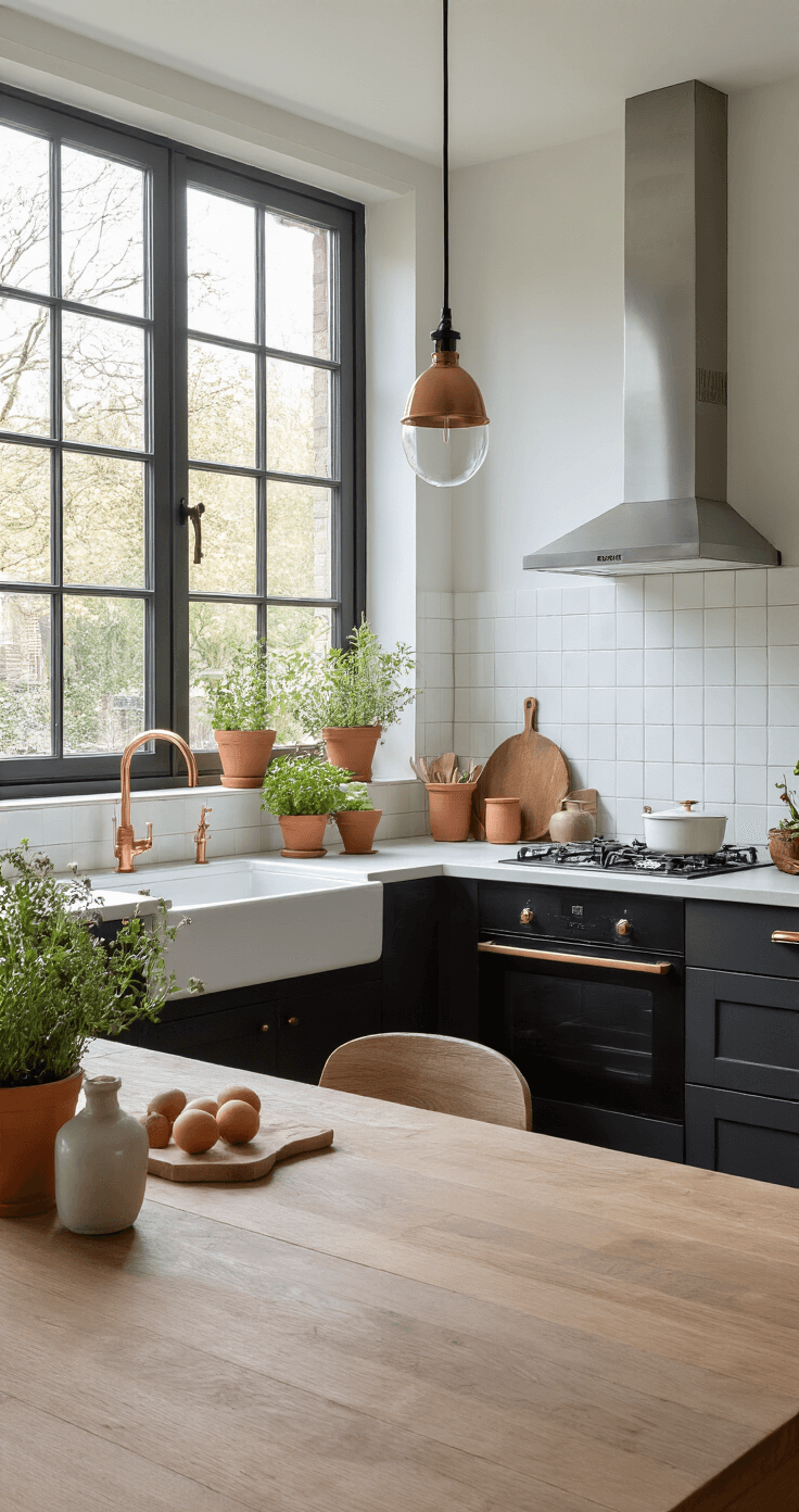 Moderne Nederlandse keuken met wit marmer, matte zwarte kasten, eikenhout details, groot kookeiland, verse kruiden in terracotta potten, ambachtelijke keramiek, natuurlijk licht, handgemaakte tegels, koperen kranen en handgrepen.