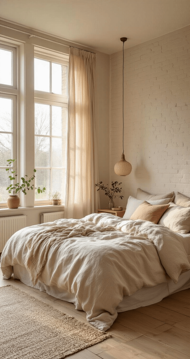 Intieme Nederlandse slaapkamer in de vroege ochtend met zachte lichtinval, linnen gordijnen in natuurlijke beige tinten, een bed met gelaagd off-white en zachtroze beddengoed, vintage nachtkastjes met glazen lampen en eucalyptus, en een antieke fauteuil met een okergeel plaid.