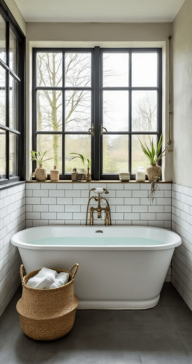 Een moderne Nederlandse badkamer met industriële elementen, zoals zwarte stalen kozijnen, melkglas ramen, en een vrijstaand koperen bad op een betonnen vloer, verlicht door zacht ochtendlicht en warme LED-verlichting.