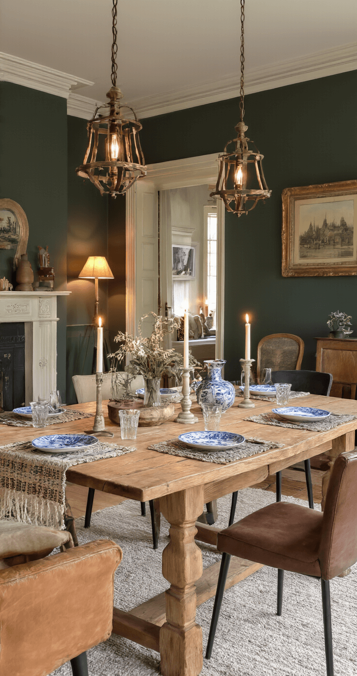 Een gezellige Nederlandse eetkamer met een massieve eiken tafel, gedekt met Delfts blauw servies en vintage kristal, verlicht door kaarsen en hanglampen. Donkergroene muren en cremekleurige wainscoting, met een open haard en eclectische stoelen in fluweel en leer. Seizoensdecoraties zoals dennentakken en koperen kaarsenstandaards zorgen voor een warme sfeer.
