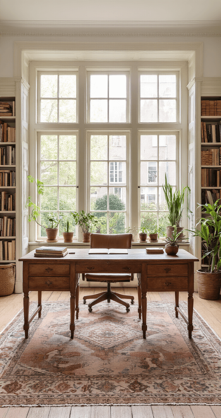 Lichte Nederlandse werkkamer in een monumentaal pand met hoge ramen, antiek bureau en vintage lederen stoelen, omringd door boekenkasten en natuurlijke accenten, gefotografeerd in het middaglicht.