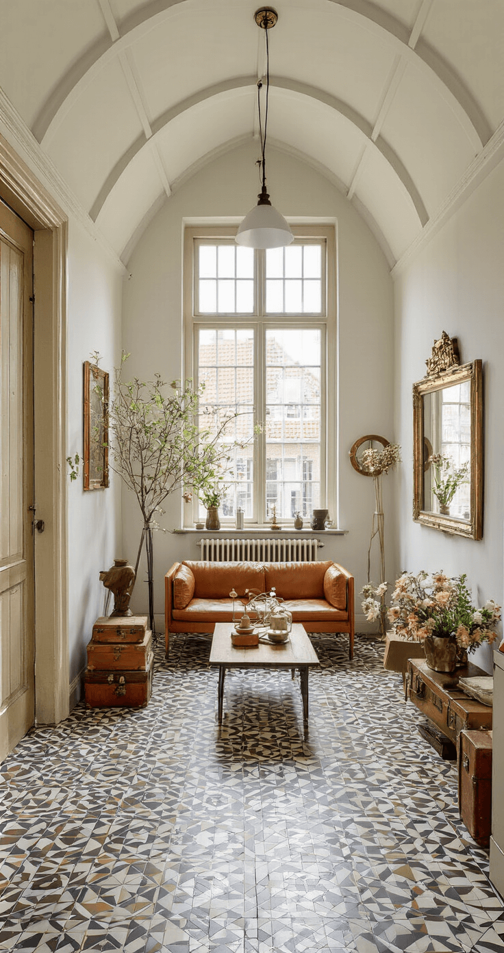 Moderne Nederlandse hal met originele tegelvloeren, antieke kapstok, cognackleurige bank, grote spiegels en verse bloemen, vastgelegd in zacht ochtendlicht.