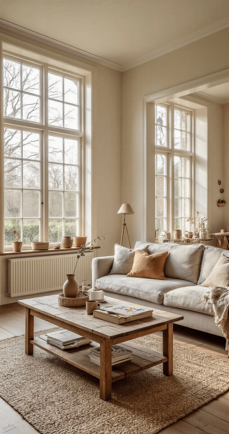 Warm huiskamerinterieur met zonlicht, hoge plafonds en rustieke houten salontafel vol knutselmaterialen; comfortabele lichtgrijze bank met kussens en een wollen deken.