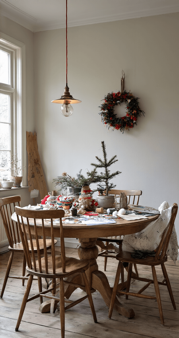 Een gezellige Nederlandse eetkamer met een grote houten boerderijstijl tafel vol kerstprojecten, verlicht door Edison lampen en haardlicht. De tafel toont sokken-sneeuwpoppen en creatieve materialen, omringd door houten stoelen en een zichtbare stenen schouw. Vintage kerstfoto's sieren de muren en de vloer bestaat uit verweerde eiken planken.