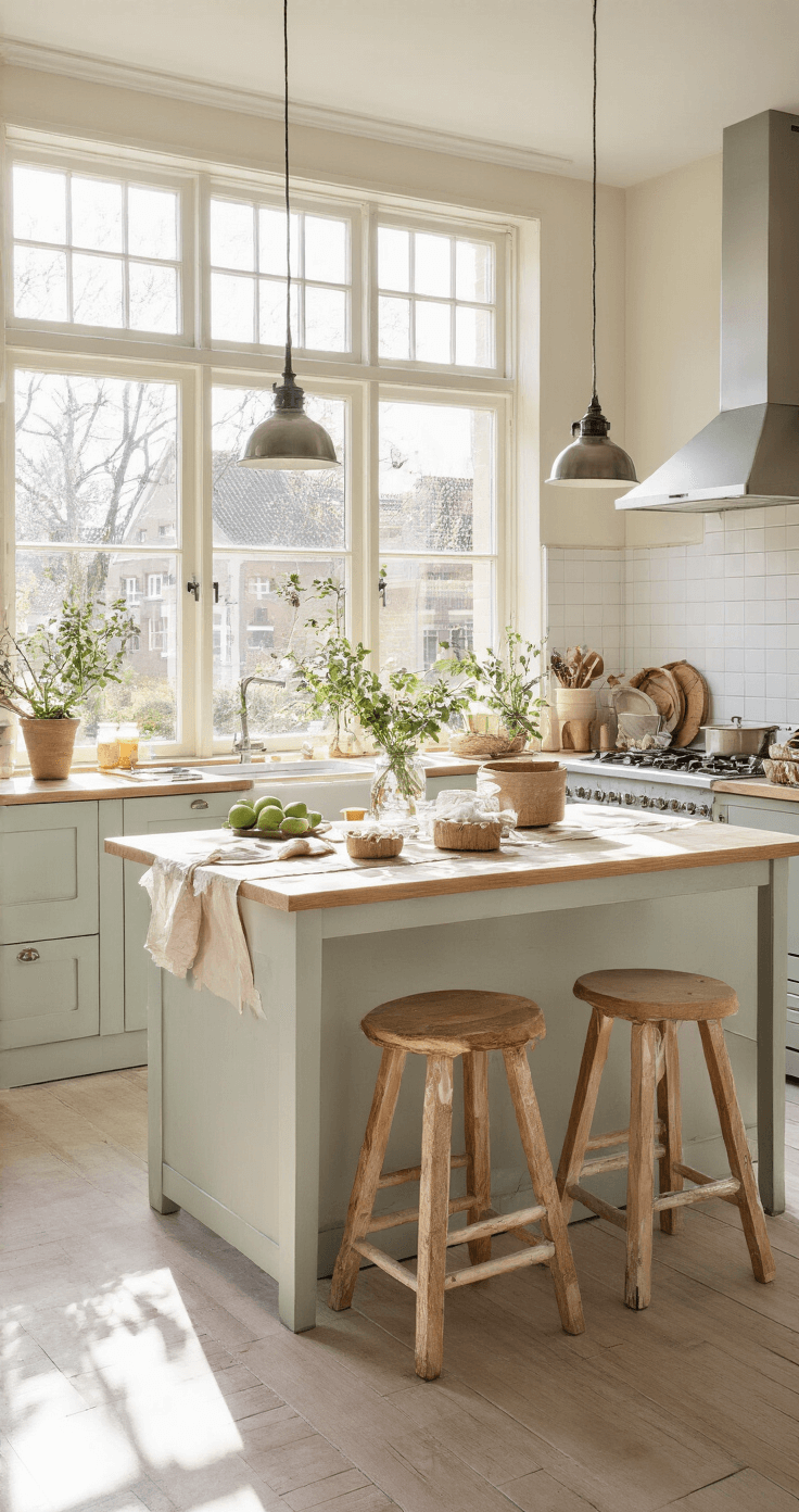 Een lichte Nederlandse keuken met een groot houtkleurig eiland bedekt met kraftpapier, waar cirkelvormige kerstkrans bases drogen. De ruimte is verlicht door de ochtendzon, met witte shaker-stijl kastjes, marmeren aanrecht en koperkleurige kranen. Penselen, acrylverf, gouden linten en miniatuur kerstdecoraties zijn zorgvuldig gerangschikt, terwijl op de vensterbank kruidentuintjes in terracotta potten staan.