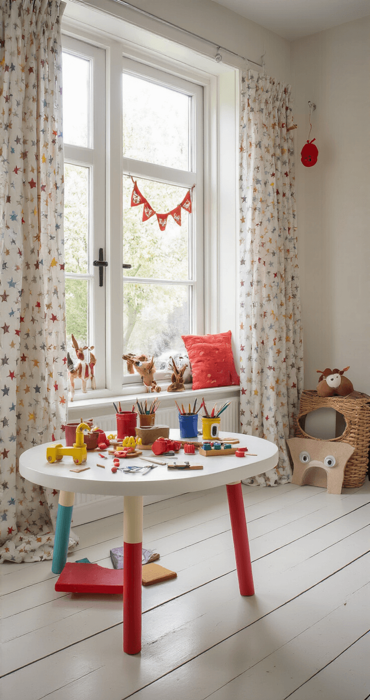 Een gezellige kinderkamer met een laag, wit gelakt tafeltje vol creatieve knutselmaterialen voor wc-rol rendieren. Zacht gefilterd licht valt door sterrenprint gordijnen, terwijl voltooide rendieren trots op een houten plank staan. De muren zijn lichtblauw met witte lambrisering, en pastelkleuren miniatuur stoelen staan rond de tafel. De vloer is grijs en speelgoed ligt netjes in rieten manden.