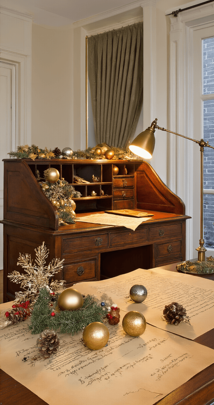 Elegant studeerkamer met antiek eiken bureau, dennenappel kerstballen in vergulding, klassieke messing bureaulamp, lederen bureauvel, metallic verf en penselen, zijdeachtige linten, boekenkasten, leren fauteuil, Perzisch tapijt, warme verlichting en subtiele schaduwen.