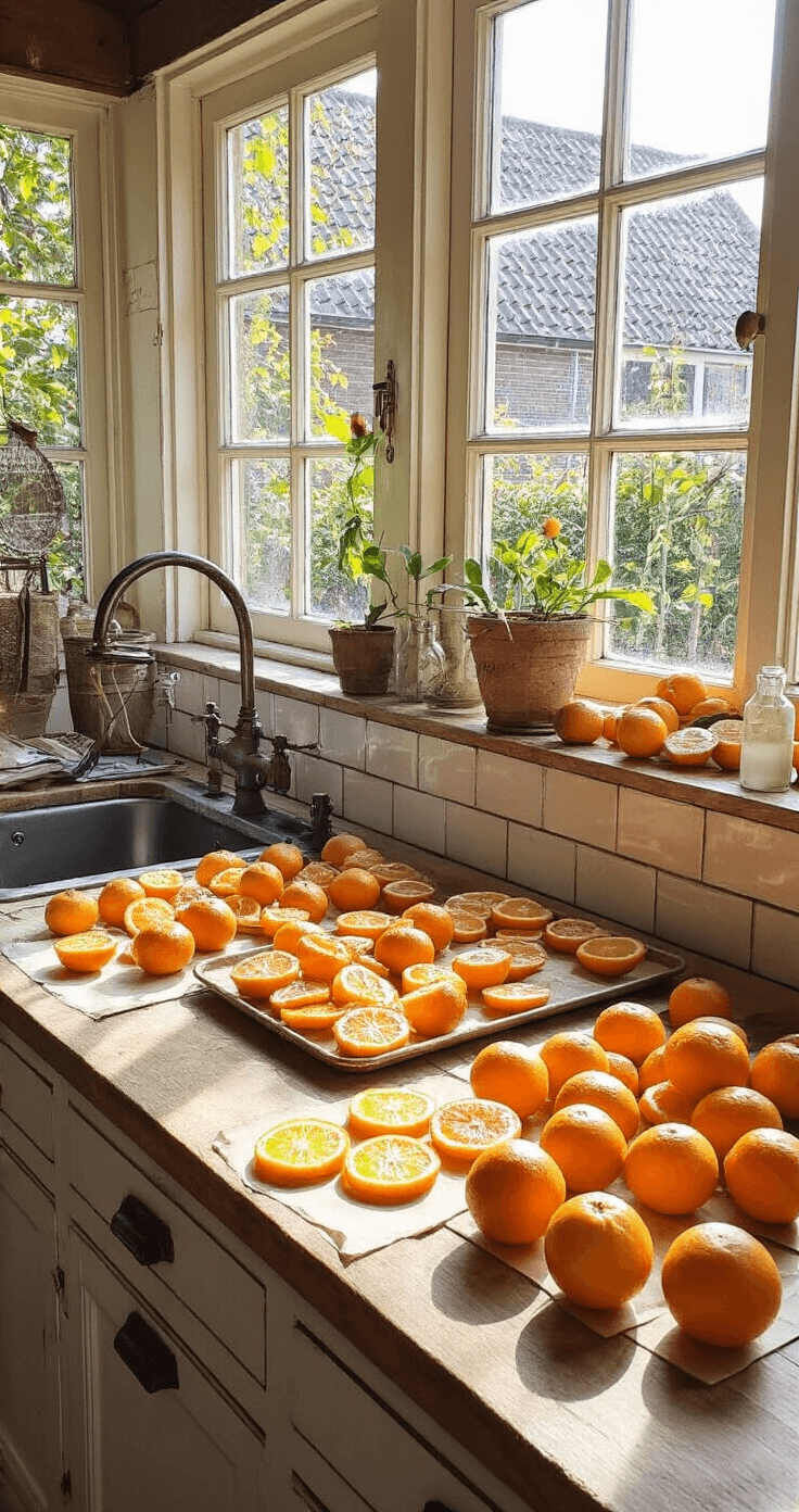 Een rustieke bijkeuken met een groot stenen aanrecht, waar gedroogde sinaasappel slingers worden gemaakt. Helder daglicht valt door een klein raam op dun gesneden sinaasappelschijven op bakplaten, een vintage draaddraaimachine en glazen potten met gedroogde citrusschijven. De ruimte heeft witte muren, donkere houten balken en een tegelvloer, met gedroogde kruiden aan haken en een houten stoel met rieten zitting.