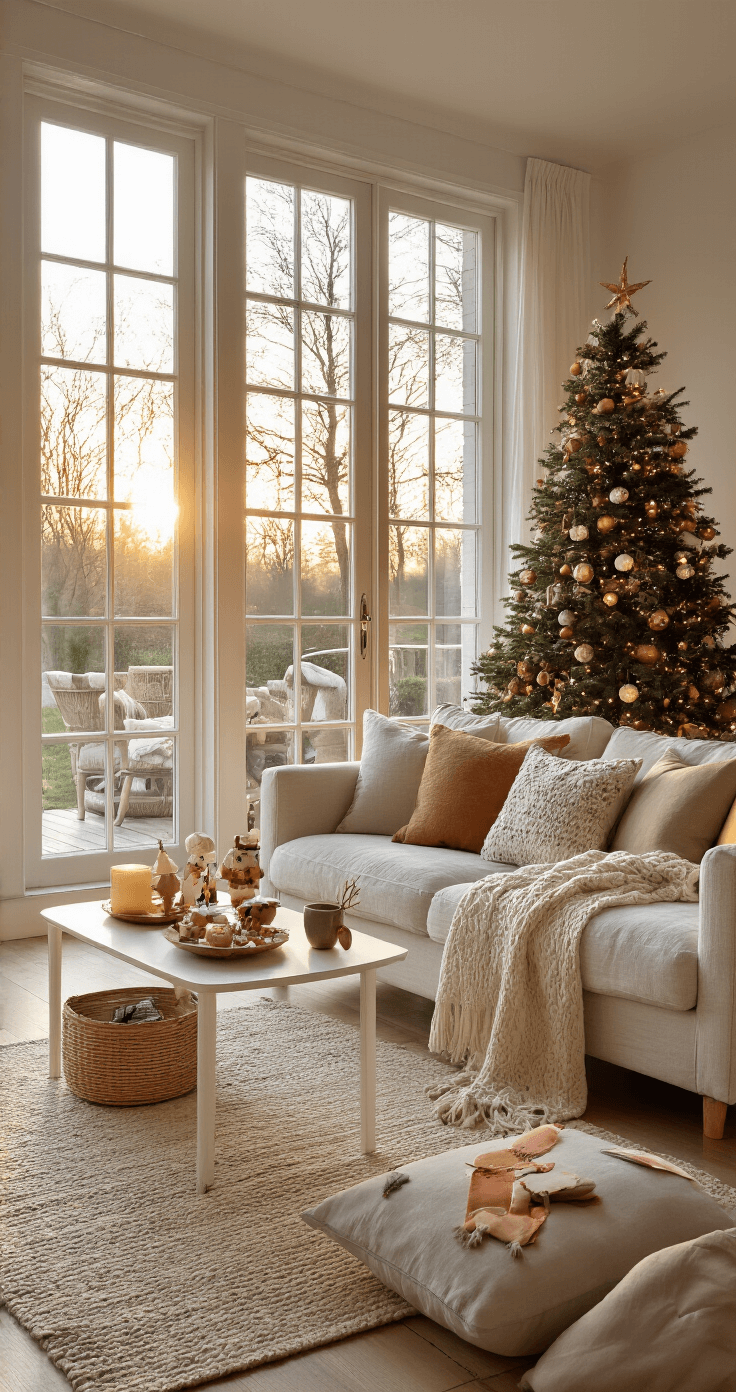 Lichte Nederlandse woonkamer tijdens het gouden uur, met warme zonnestralen, een moderne witte salontafel vol kerstprojecten, een comfortabele hoekbank, en sfeervolle decoraties zoals sokken-sneeuwpoppen, papieren kerstkransen en wc-rol rendieren, terwijl een open haard op de achtergrond zacht brandt.