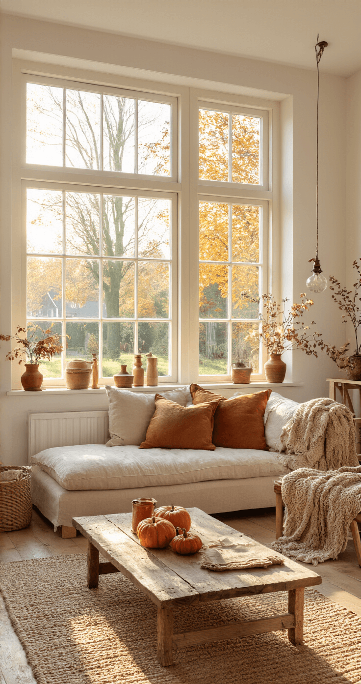 Landelijke Herfstdecoratie: Creëer Sfeervolle Warmte in Huis Een warme Nederlandse woonkamer met grote ramen, een crème bank, een rustieke eikenhouten salontafel, herfstdecoraties met pompoenen en gedroogde tarwestengels, en een handgeweven kleed op een houten vloer.