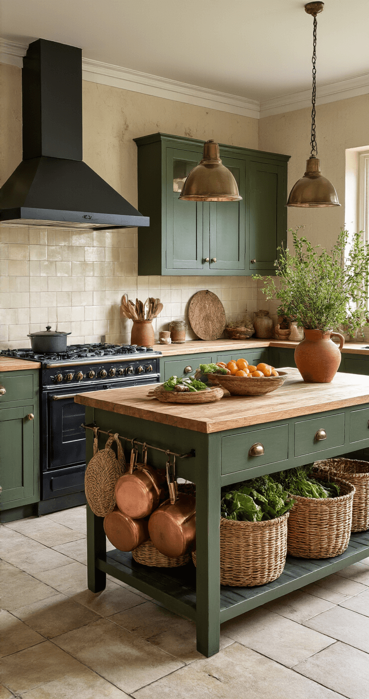 Landelijke Herfstdecoratie: Creëer Sfeervolle Warmte in Huis Een landelijke keuken met donkergroene keukenkastjes, een groot houten eiland vol seizoensgroenten, en koperen pannen, verlicht door warme ledverlichting tijdens het gouden uur.