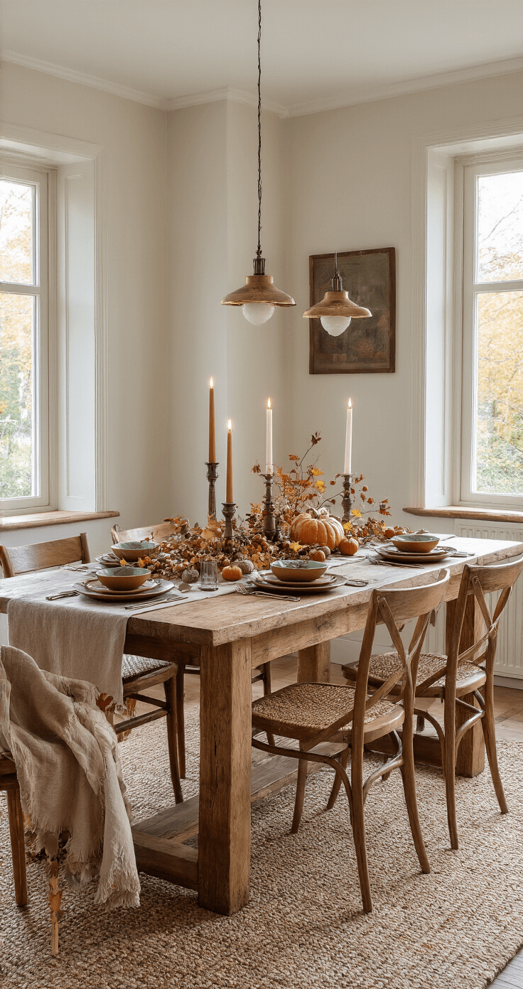 Landelijke Herfstdecoratie: Creëer Sfeervolle Warmte in Huis Stijlvolle eetkamer ingericht voor een herfstdiner bij kaarslicht, met massieve houten tafel, linnen servetten in beige, donkergroen en terracotta servies, bronzen kandelaren, kleine pompoenen en dennenappels als tafeldecoratie, houten stoelen met gevlochten biezen, vintage landschapsschilderijen in gouden lijsten en sfeervolle verlichting.