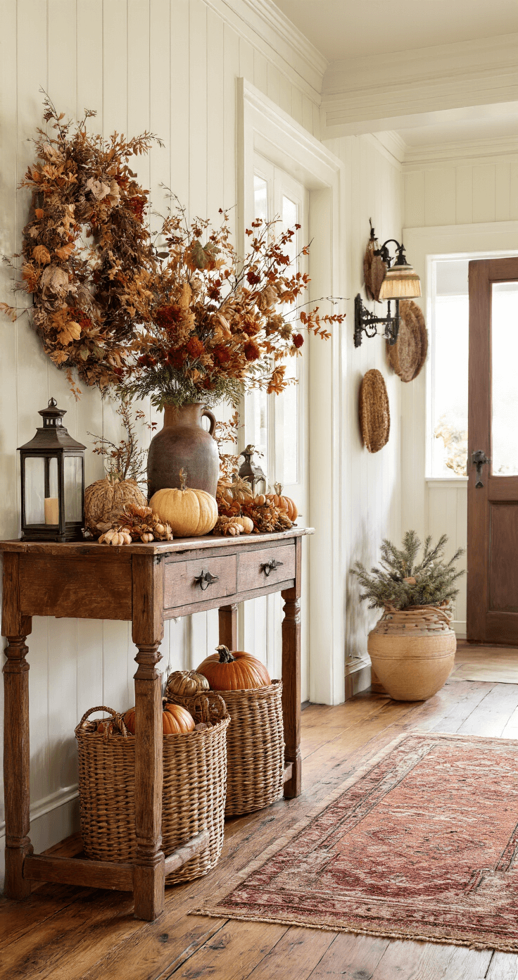 Landelijke Herfstdecoratie: Creëer Sfeervolle Warmte in Huis Een gezellige hal met herfstdecoratie, inclusief een houten vloer, vintage loper, antieke sidetable met gedroogde bloemen en pompoenen, een rieten mand met dennentakken, en warme cremekleurige muren met lambrisering.