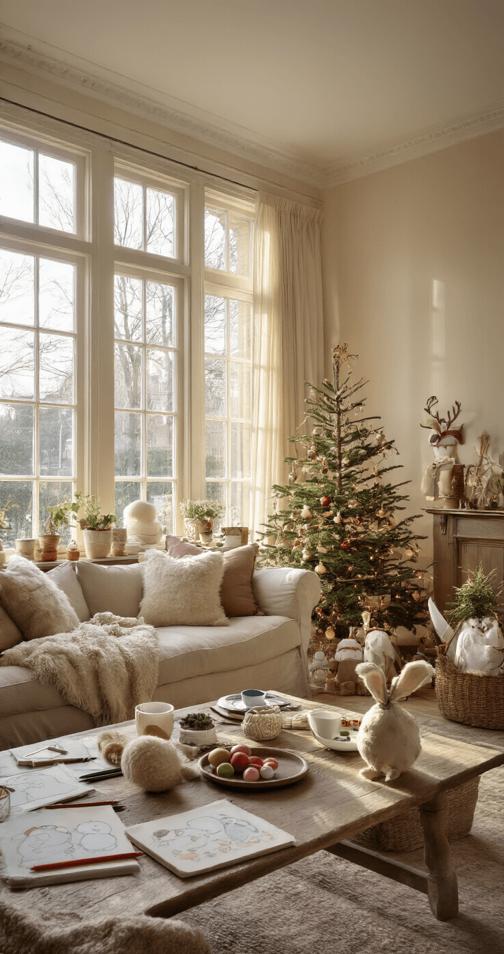 Kerst Tekenideeën: Creatieve Inspiratie voor Feestelijke Kunst Warm verlichte Nederlandse woonkamer met kersttekeningen op een donkerhouten eettafel, ochtendlicht valt op potloden en kleurpotloden, hoge plafonds met balken, cremekleurige muren, gezellige zithoek, schetsen van kawaii-kerstbomen en geometrische ontwerpen in warme gouden en zachte groentinten.