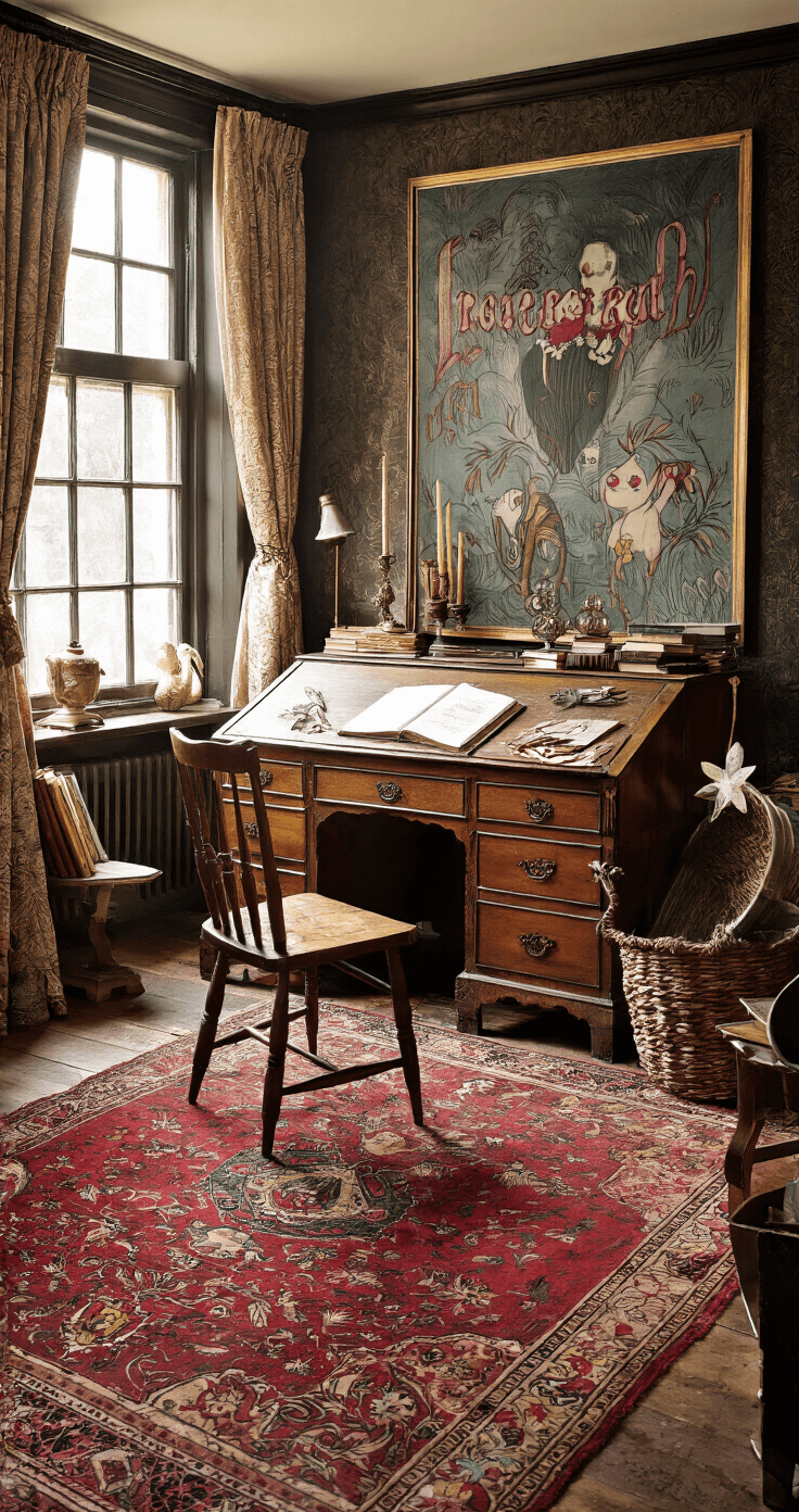 Kerst Tekenideeën: Creatieve Inspiratie voor Feestelijke Kunst Een knusse studeerkamer met kerstachtige illustraties op een vintage bureau, verlicht door middagzonlicht dat dramatische schaduwen werpt over gedetailleerde rendier-tekeningen. De ruimte heeft donkere lambrisering, een dieprood Perzisch tapijt, antieke boekenkasten met kunstboeken en een mix van warme mahonie-, goud- en robijnrode accenten. Metallic markers en glitterstiften liggen naast gevouwen schetspapier, vastgelegd vanuit een lage hoek met een warme bureaulamp en natuurlijk licht.