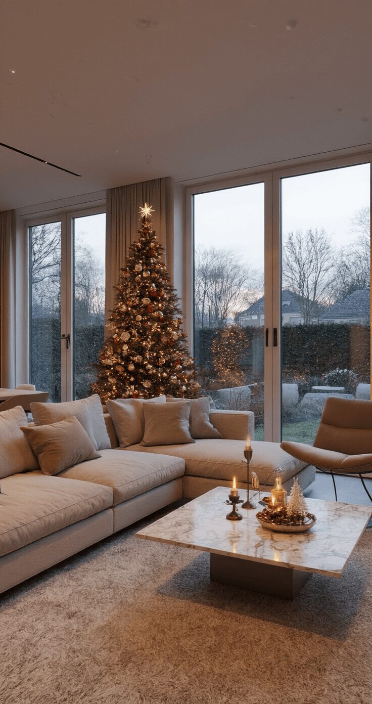 Kerst Tekenideeën: Creatieve Inspiratie voor Feestelijke Kunst Moderne Nederlandse woonkamer met kerstballen-ontwerpen op een marmeren salontafel, zachte avondverlichting, aquarelverfschilderingen met metallic accenten, minimalistische architectuur, grote stalen kozijnen, eigentijdse meubels in neutrale tinten, unieke geometrische kerstbal-illustraties in grijs-, zilver- en ijsblauw met gouden highlights.