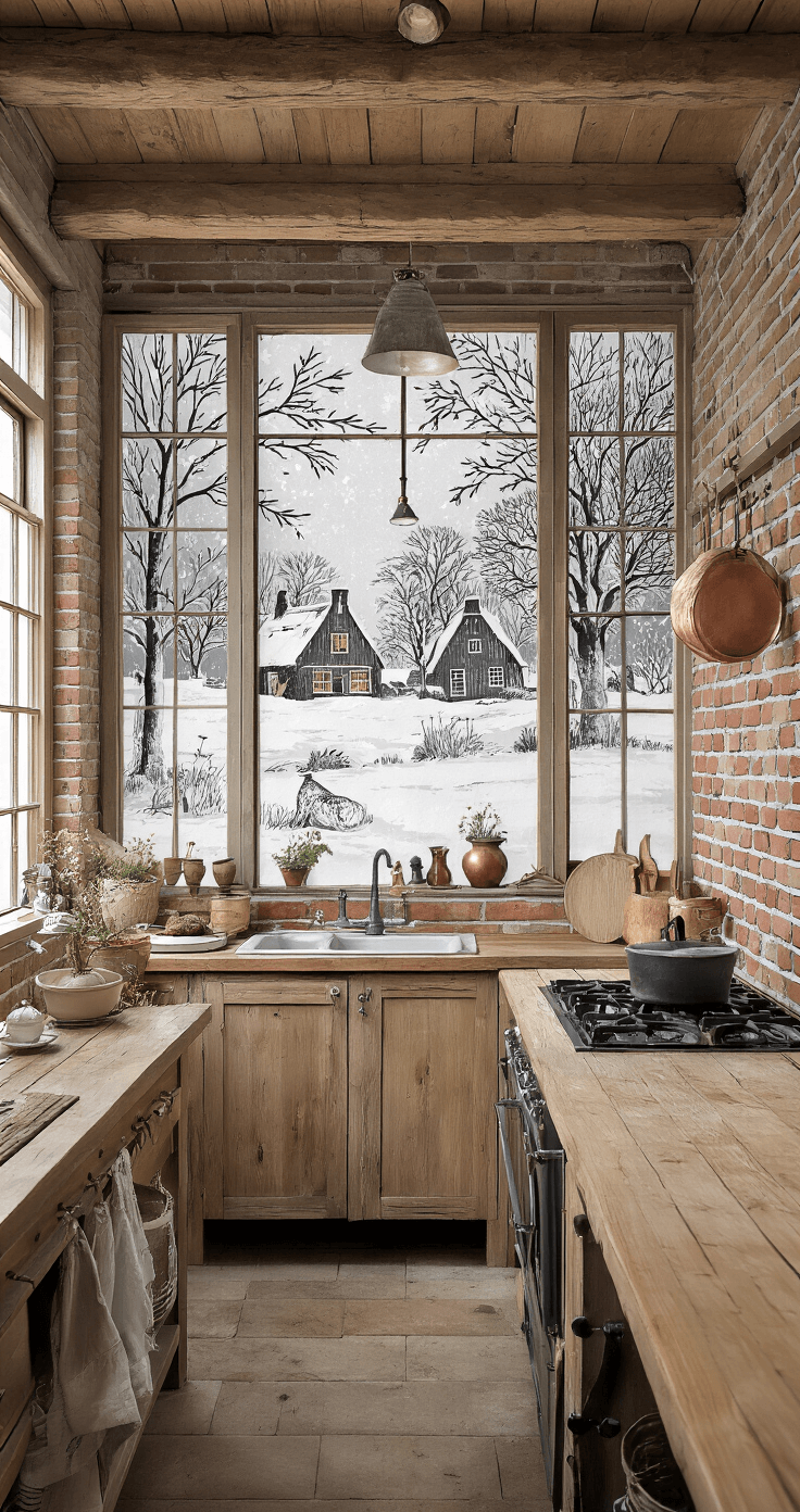 Kerst Tekenideeën: Creatieve Inspiratie voor Feestelijke Kunst Een authentieke Nederlandse boerderij-keuken met sneeuwlandschap tekeningen, verlicht door warm gouden uur licht dat door kleine ramen valt, met rustieke houten planken, geëxposeerde bakstenen muren, koperen potten, en een grote houten werktafel in aardetinten en witte sneeuwaccenten.