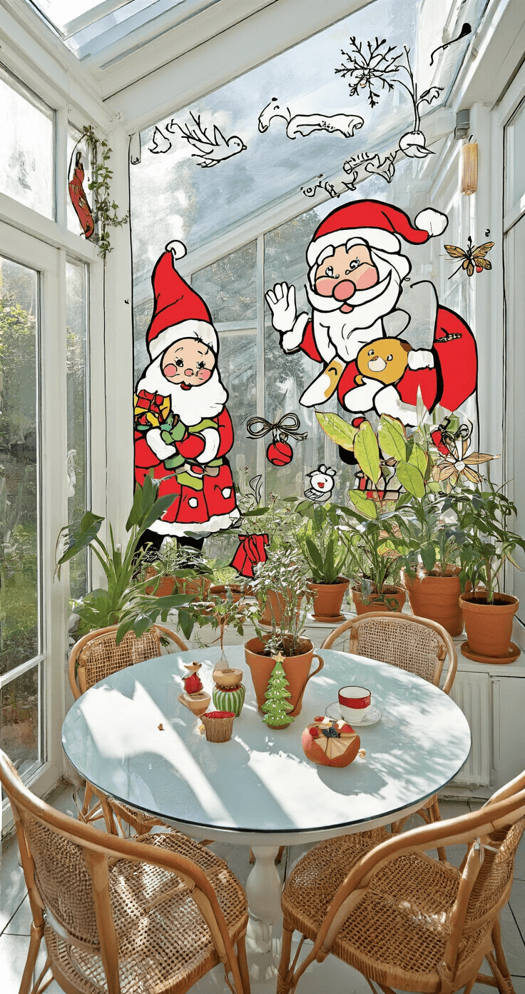 Kerst Tekenideeën: Creatieve Inspiratie voor Feestelijke Kunst Een lichte conservatory met Kerstman en Kerstvrouw cartoon-illustraties op een glazen tafel, omringd door mediterrane planten in terracotta potten en weergegeven in levendige rood-, groen- en goudtinten.