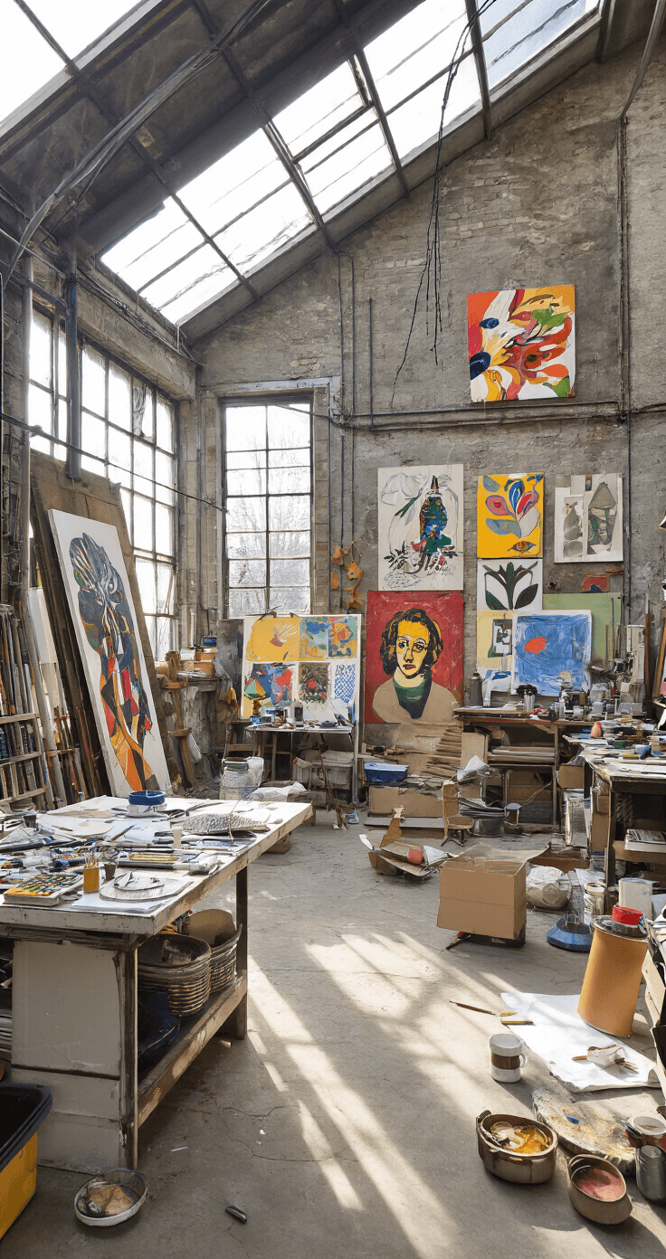 Kerst Tekenideeën: Creatieve Inspiratie voor Feestelijke Kunst Eclectische Nederlandse kunststudio met artistiek gerangschikte tekenbenodigdheden op een verfbesmeurd werkblad, verlicht door middagzonlicht dat door grote dakramen valt; industriële muren met kleurrijke kunstwerken en creatieve chaos van kerstteken-projecten in verschillende stadia.